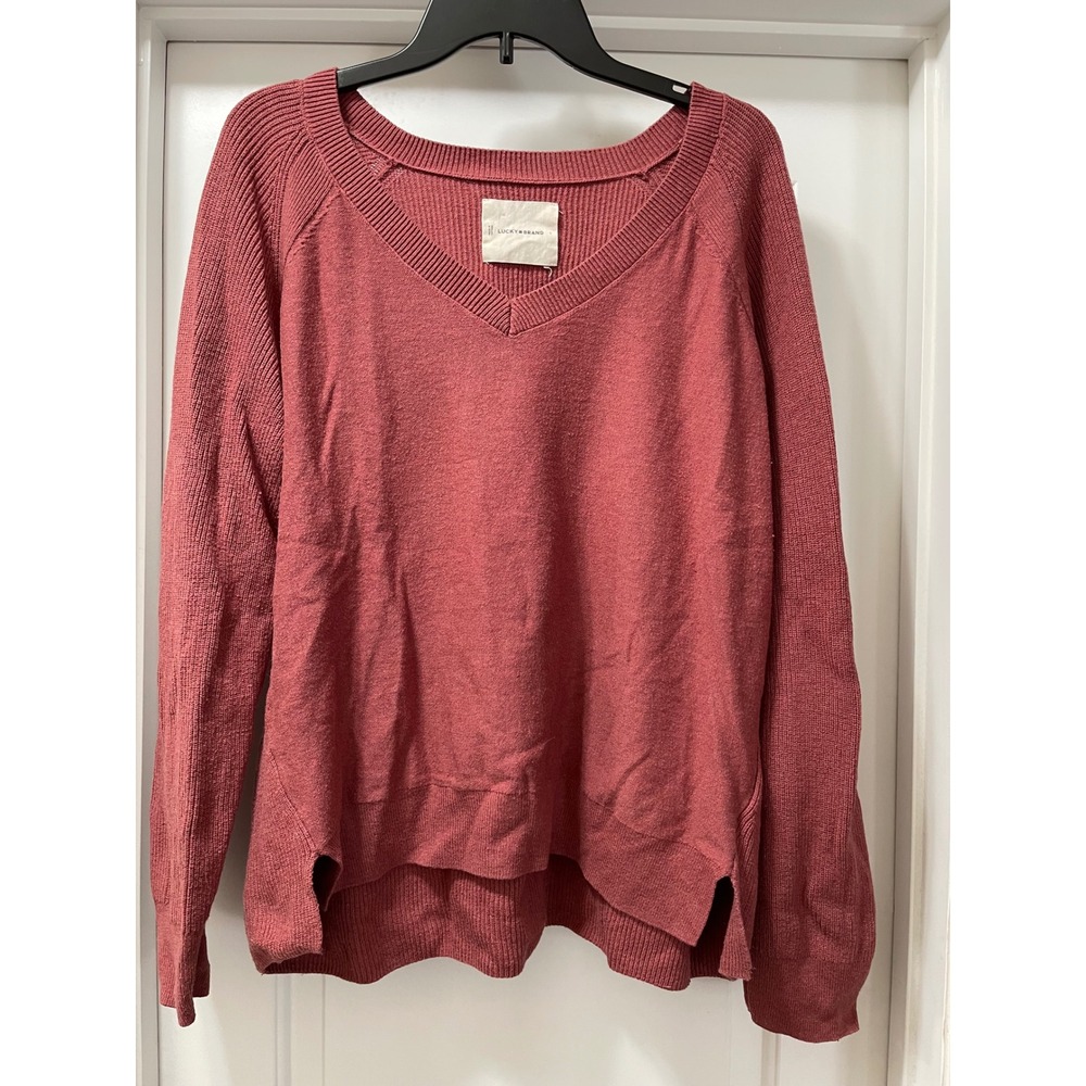 Lucky Brand Women's Coral V Neck Raglan Sleeve High‎ Low Hem Sweater L